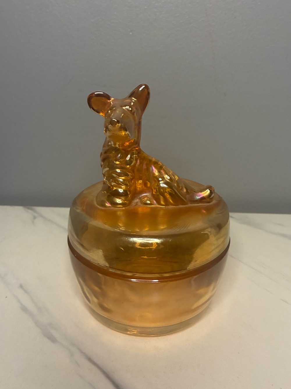 Vintage Marigold Carnival Glass Scottie Dog Covered Trinket Dish